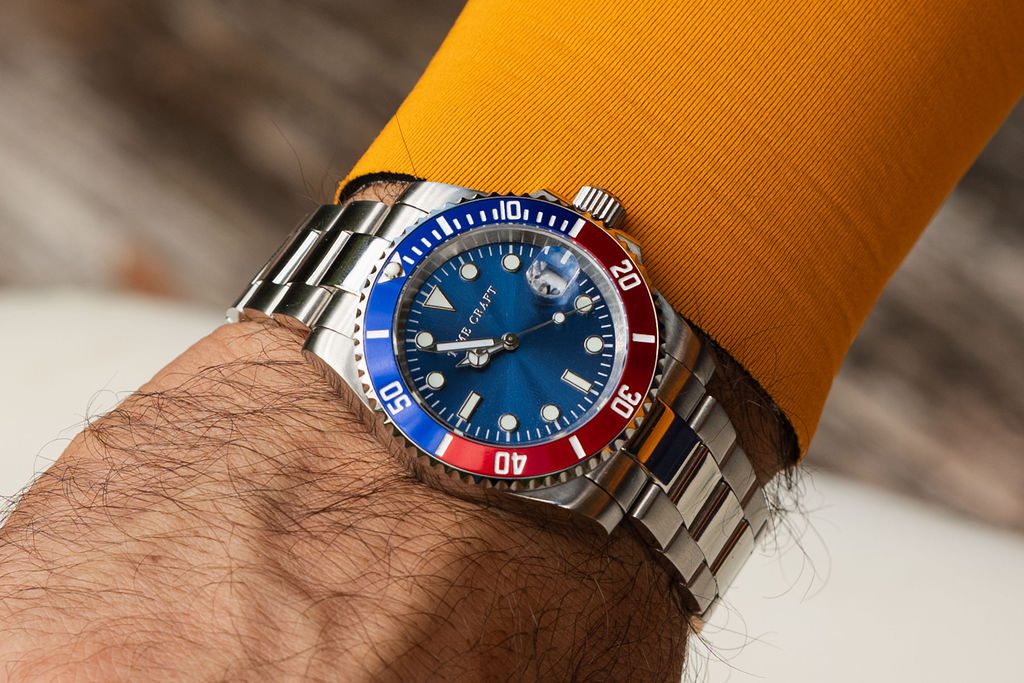 Pepsi-colour mechanical diver watchmaking kit with red and blue bezel ring
